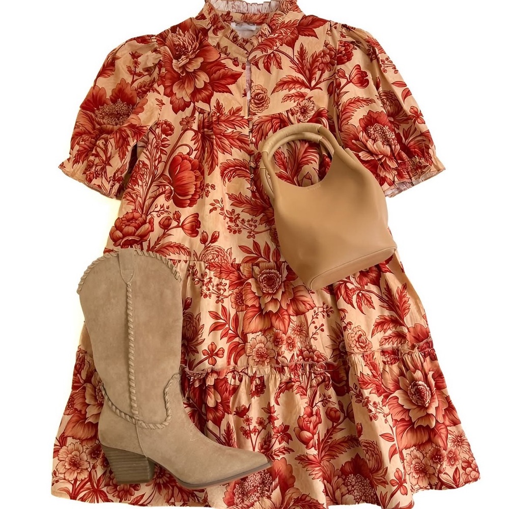 Floral Tiered Mini Dress in Rust on Cream